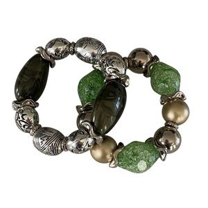 Chunky Statement Bracelest Green and Silver Beaded Bracelet Set